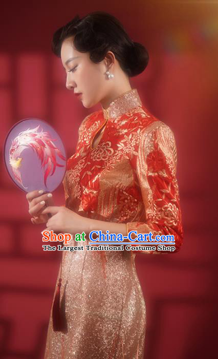 Chinese Bride Qipao Dress Clothing Traditional Wedding Embroidered Red Brocade Cheongsam