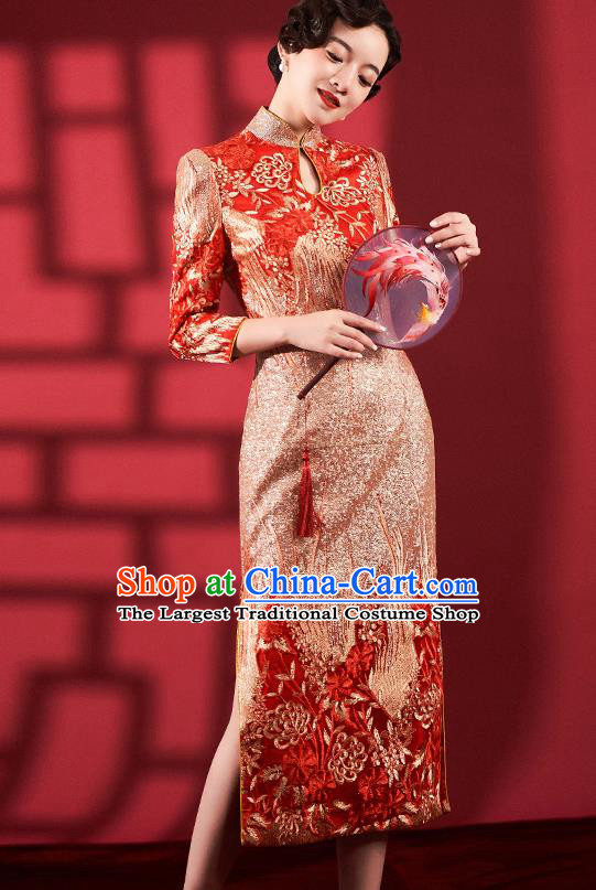 Chinese Bride Qipao Dress Clothing Traditional Wedding Embroidered Red Brocade Cheongsam