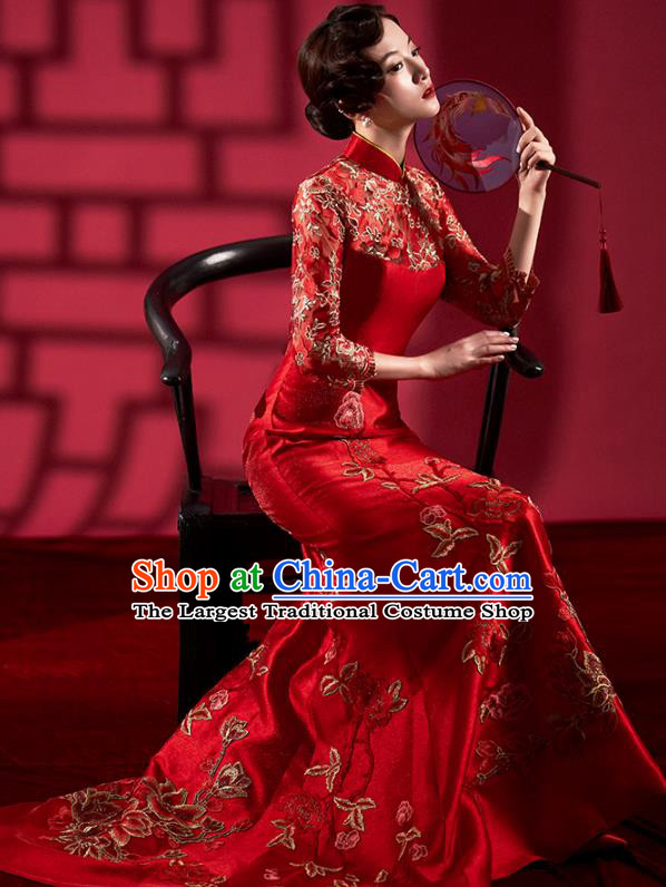 Chinese Bride Embroidered Red Qipao Dress Clothing Traditional Wedding Fishtail Cheongsam