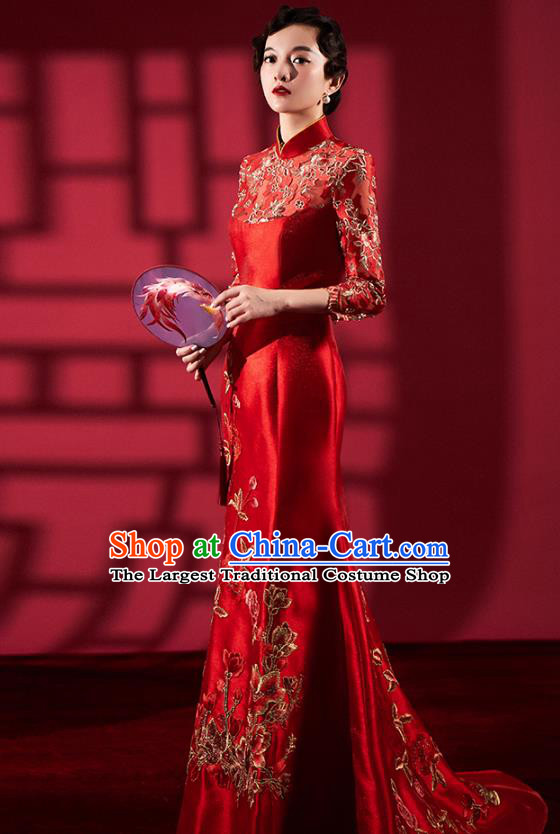 Chinese Bride Embroidered Red Qipao Dress Clothing Traditional Wedding Fishtail Cheongsam