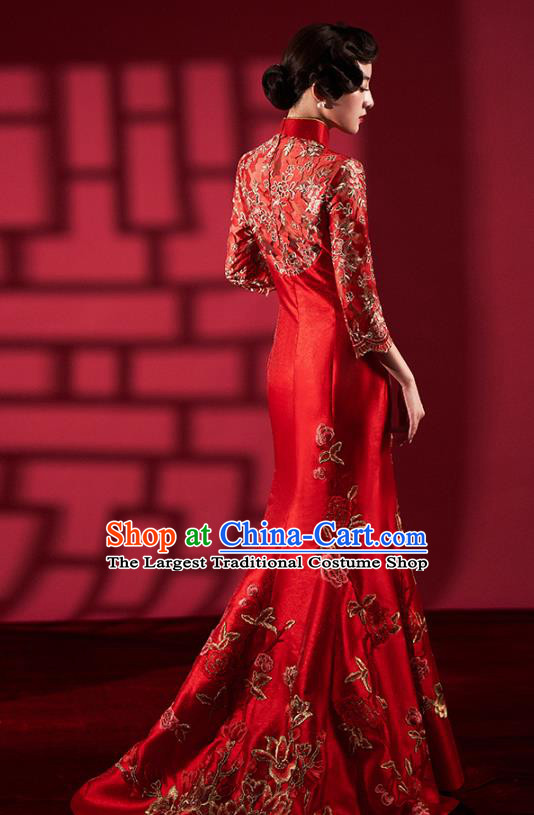 Chinese Bride Embroidered Red Qipao Dress Clothing Traditional Wedding Fishtail Cheongsam