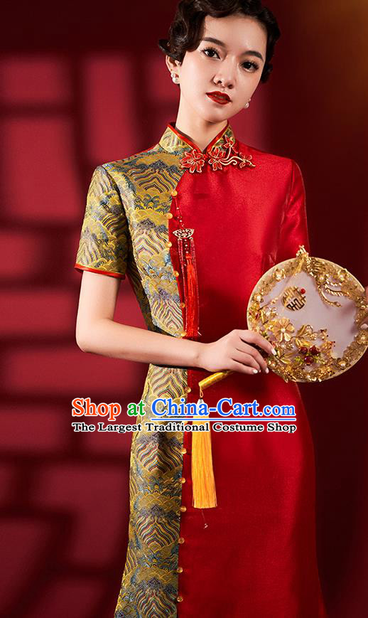 Chinese Traditional Wedding Fishtail Cheongsam Bride Red Brocade Qipao Dress Clothing