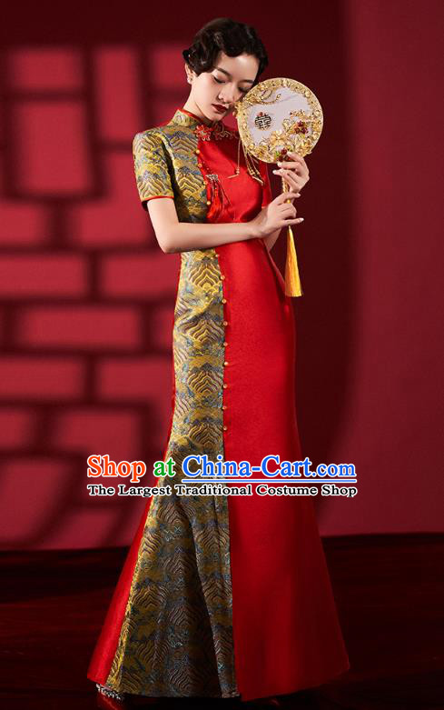 Chinese Traditional Wedding Fishtail Cheongsam Bride Red Brocade Qipao Dress Clothing