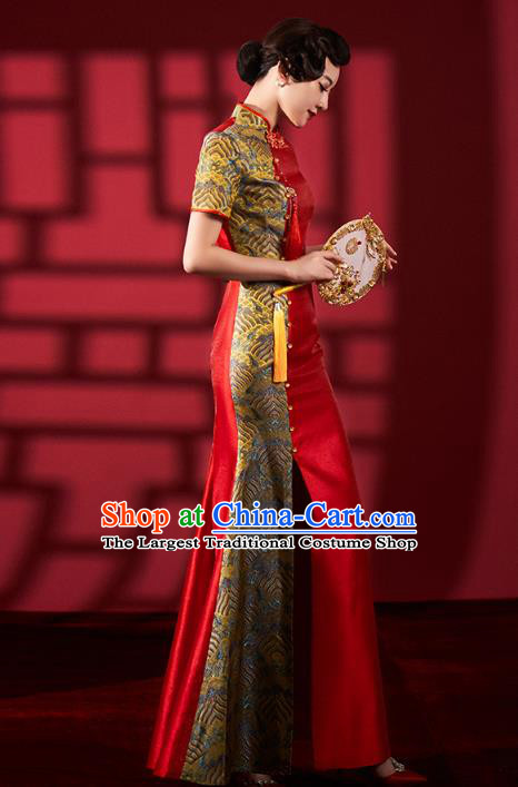 Chinese Traditional Wedding Fishtail Cheongsam Bride Red Brocade Qipao Dress Clothing