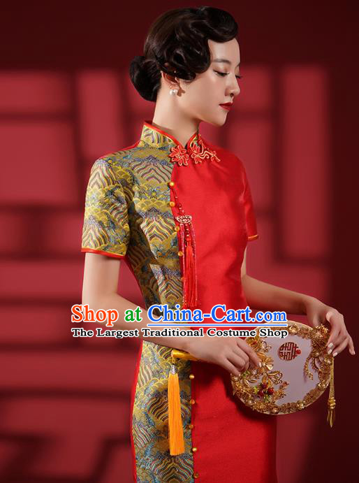 Chinese Traditional Wedding Fishtail Cheongsam Bride Red Brocade Qipao Dress Clothing