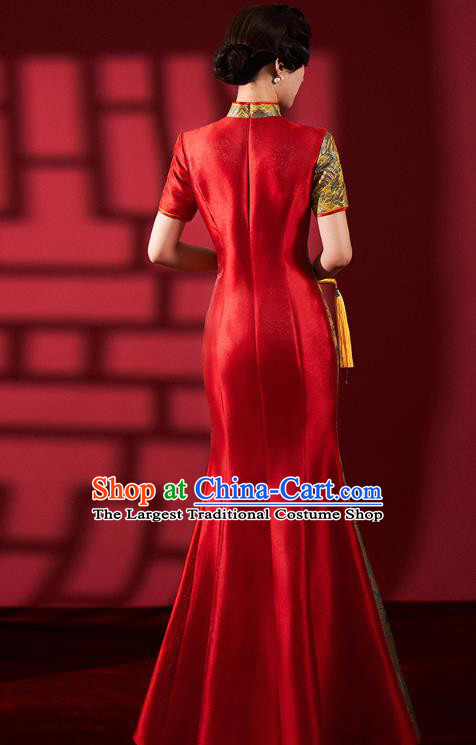 Chinese Traditional Wedding Fishtail Cheongsam Bride Red Brocade Qipao Dress Clothing