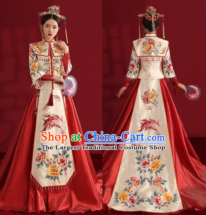 China Classical Embroidered Phoenix Peony Wedding Dress Traditional Bride Xiuhe Suit Costumes