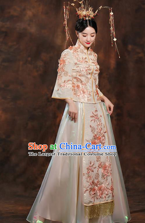 China Ancient Bride Costumes Toast Dress Traditional Wedding Champagne Xiuhe Suits