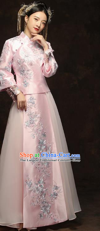China Traditional Toast Embroidered Pink Dress Wedding Xiuhe Suits Classical Bride Costumes