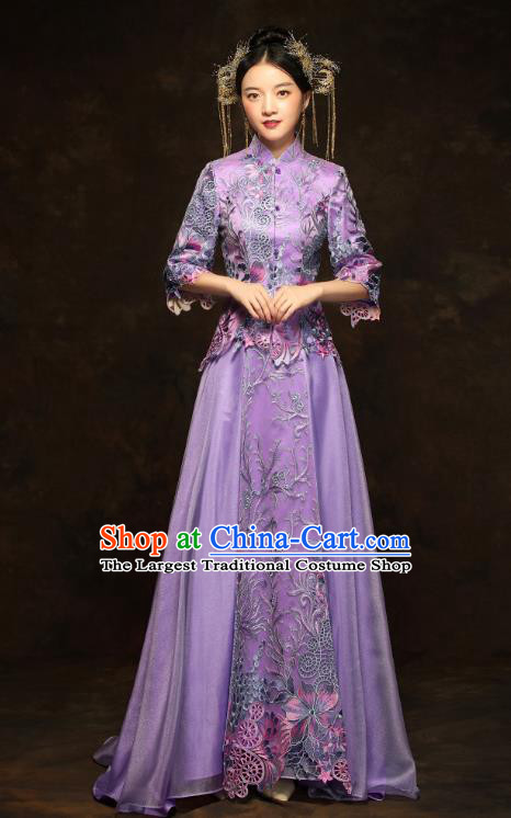 China Classical Bride Costumes Traditional Toast Embroidered Purple Dress Wedding Xiuhe Suits