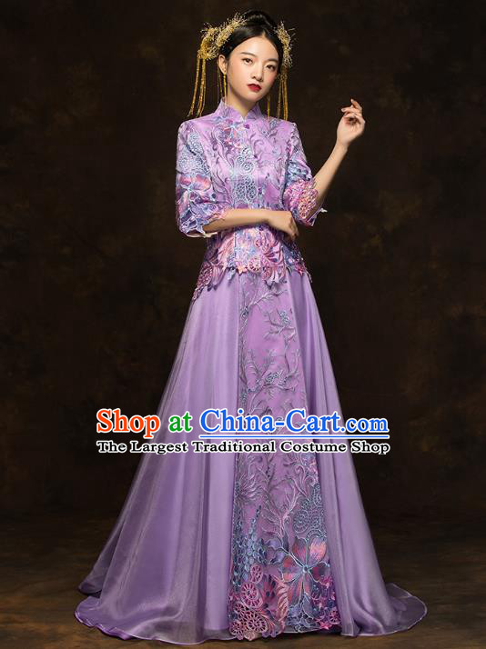 China Classical Bride Costumes Traditional Toast Embroidered Purple Dress Wedding Xiuhe Suits