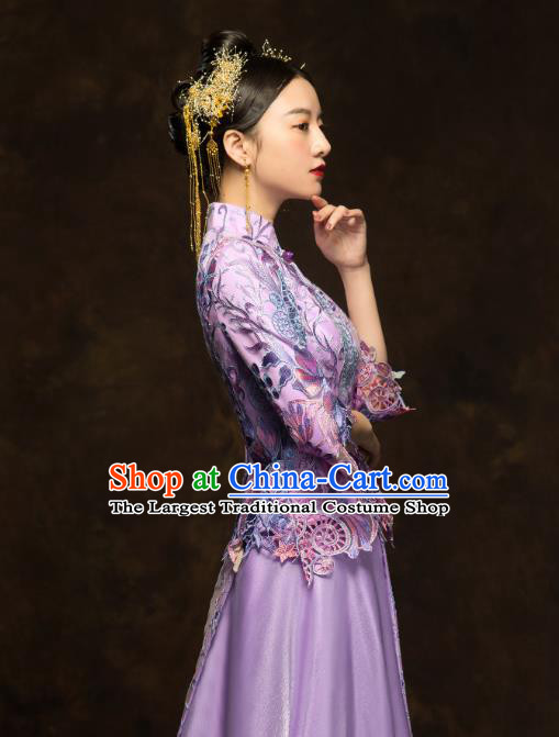 China Classical Bride Costumes Traditional Toast Embroidered Purple Dress Wedding Xiuhe Suits