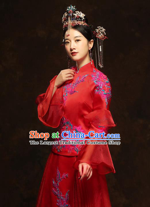 China Classical Bride Drilling Costumes Traditional Embroidery Toast Dress Wedding Red Xiuhe Suits