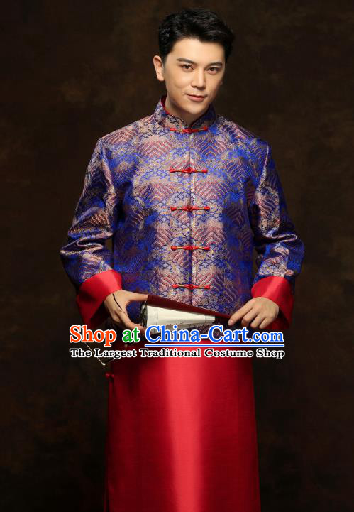 Chinese Traditional Royalblue Mandarin Jacket and Red Long Robe Wedding Bridegroom Tang Suit Costumes