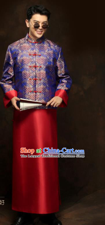 Chinese Traditional Royalblue Mandarin Jacket and Red Long Robe Wedding Bridegroom Tang Suit Costumes