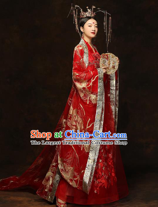 China Traditional Bride Embroidered Costumes Ancient Empress Red Hanfu Dress Classical Wedding Xiuhe Suits