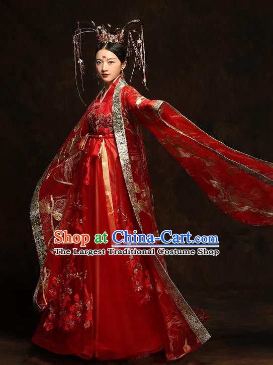 China Traditional Bride Embroidered Costumes Ancient Empress Red Hanfu Dress Classical Wedding Xiuhe Suits