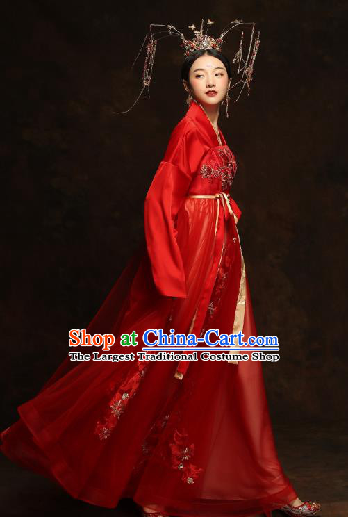 China Traditional Bride Embroidered Costumes Ancient Empress Red Hanfu Dress Classical Wedding Xiuhe Suits