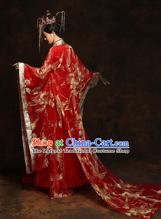 China Traditional Bride Embroidered Costumes Ancient Empress Red Hanfu Dress Classical Wedding Xiuhe Suits