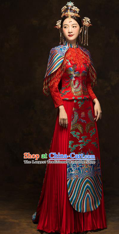 China Wedding Red Toast Dress Classical Phoenix Painting Xiuhe Suits Traditional Bride Costumes
