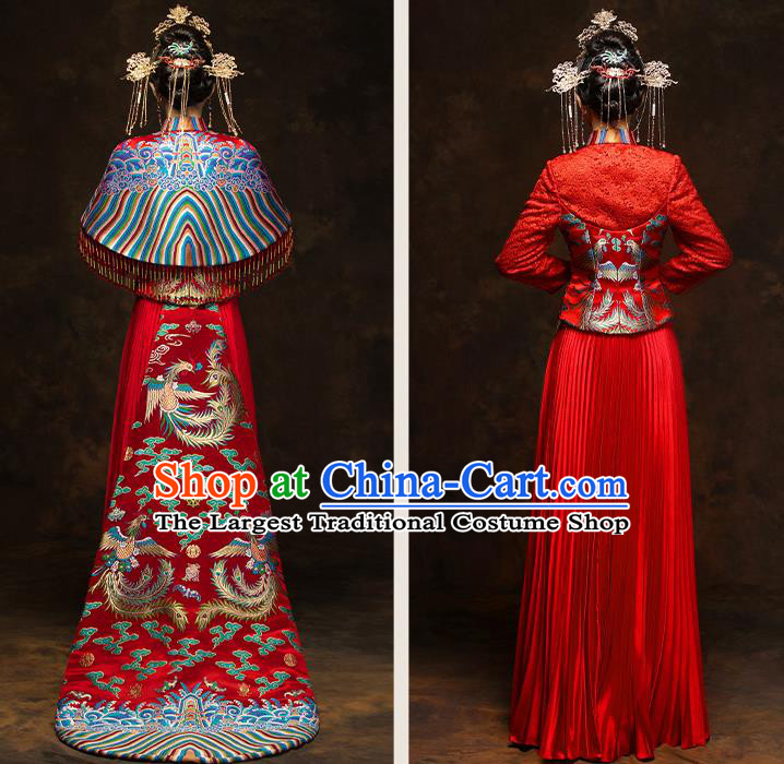 China Wedding Red Toast Dress Classical Phoenix Painting Xiuhe Suits Traditional Bride Costumes