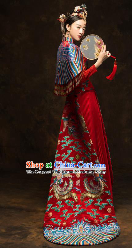 China Wedding Red Toast Dress Classical Phoenix Painting Xiuhe Suits Traditional Bride Costumes