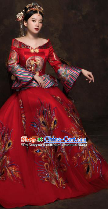 China Classical Embroidered Blouse and Skirt Traditional Bride Xiuhe Suit Costumes Wedding Toast Trailing Dress