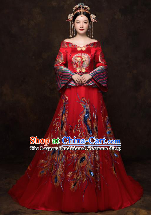 China Classical Embroidered Blouse and Skirt Traditional Bride Xiuhe Suit Costumes Wedding Toast Trailing Dress