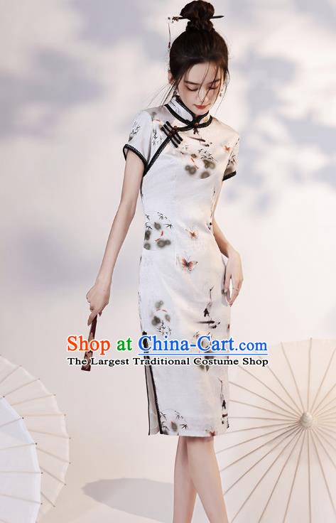 Chinese Young Lady Short Cheongsam Clothing Modern Dance Printing Cranes White Qipao Dress