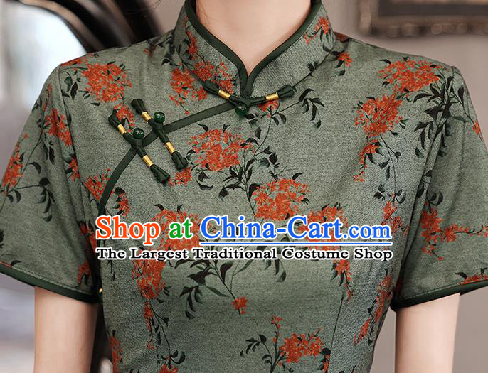 China Traditional Printing Green Qipao Dress National Stage Performance Cheongsam
