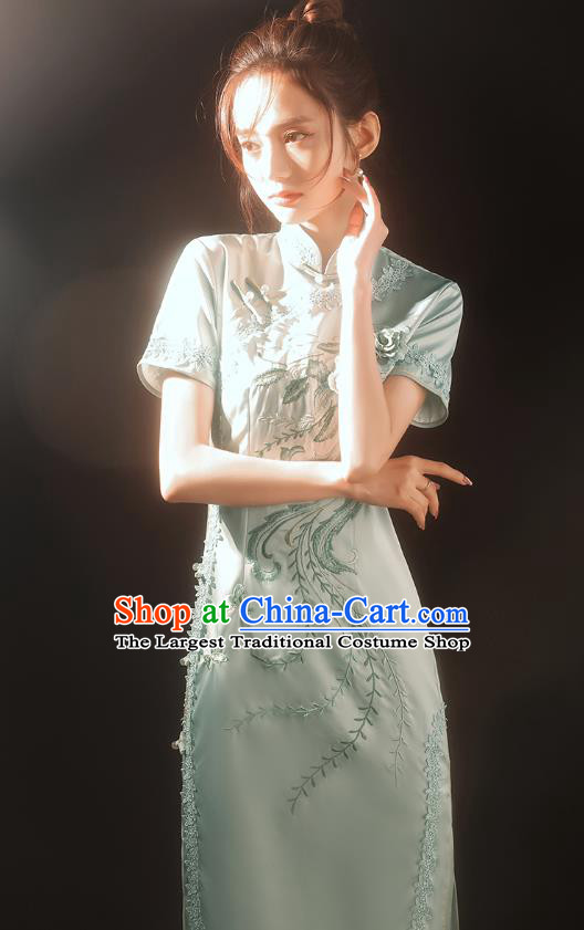 China Traditional Embroidered Qipao Dress National Stage Performance Light Green Cheongsam