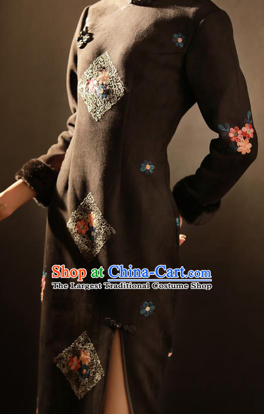 China Traditional Embroidered Black Woolen Qipao Dress National Stage Performance Classical Dance Cheongsam