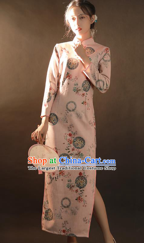 China Traditional Stage Performance Qipao Dress National Classical Dance Pink Suede Fabric Cheongsam