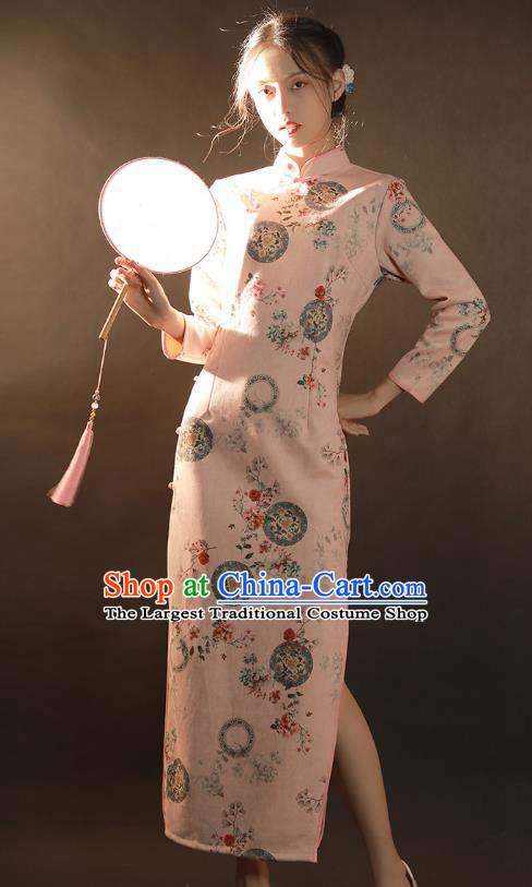 China Traditional Stage Performance Qipao Dress National Classical Dance Pink Suede Fabric Cheongsam