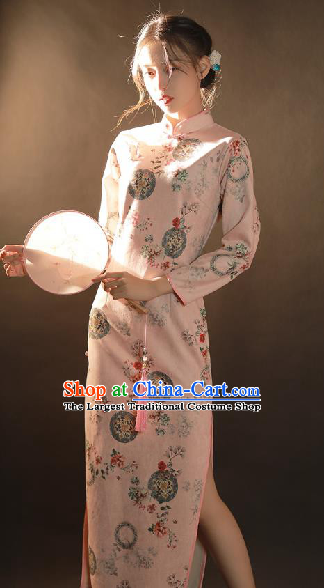 China Traditional Stage Performance Qipao Dress National Classical Dance Pink Suede Fabric Cheongsam