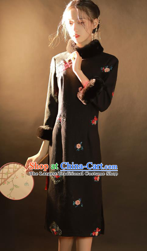 China Traditional Winter Woman Qipao Dress National Classical Dance Embroidered Black Woolen Cheongsam