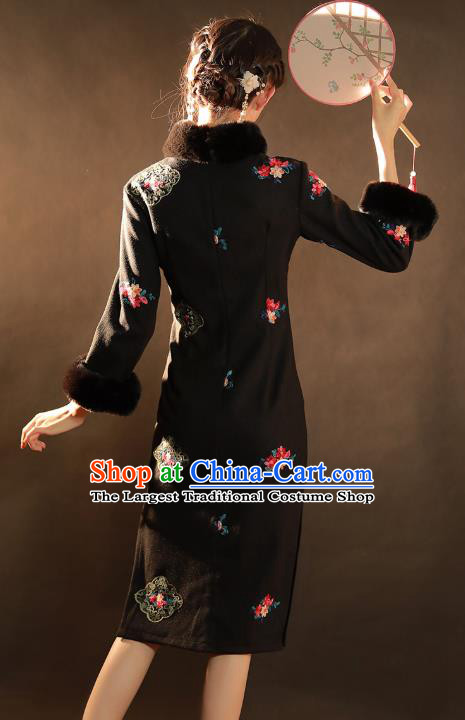 China Traditional Winter Woman Qipao Dress National Classical Dance Embroidered Black Woolen Cheongsam