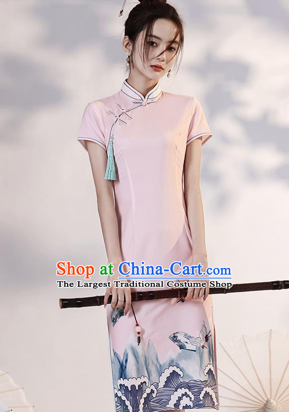Chinese Young Lady Printing Wave Crane Cheongsam Clothing Modern Dance Pink Short Qipao Dress