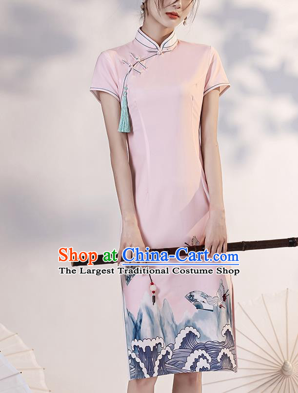 Chinese Young Lady Printing Wave Crane Cheongsam Clothing Modern Dance Pink Short Qipao Dress