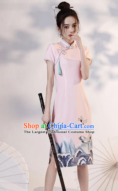 Chinese Young Lady Printing Wave Crane Cheongsam Clothing Modern Dance Pink Short Qipao Dress