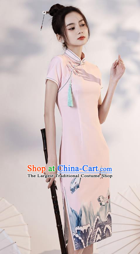 Chinese Young Lady Printing Wave Crane Cheongsam Clothing Modern Dance Pink Short Qipao Dress
