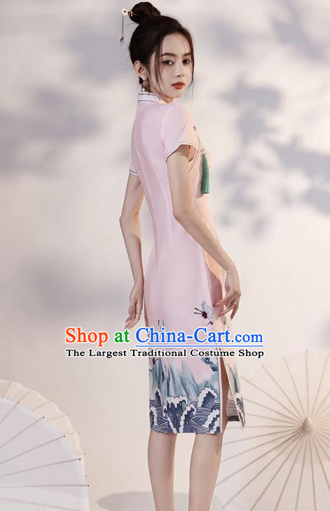 Chinese Young Lady Printing Wave Crane Cheongsam Clothing Modern Dance Pink Short Qipao Dress