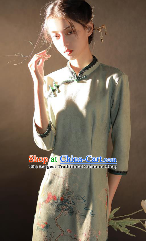 China Traditional Printing Light Green Suede Fabric Qipao Dress National Young Woman Cheongsam
