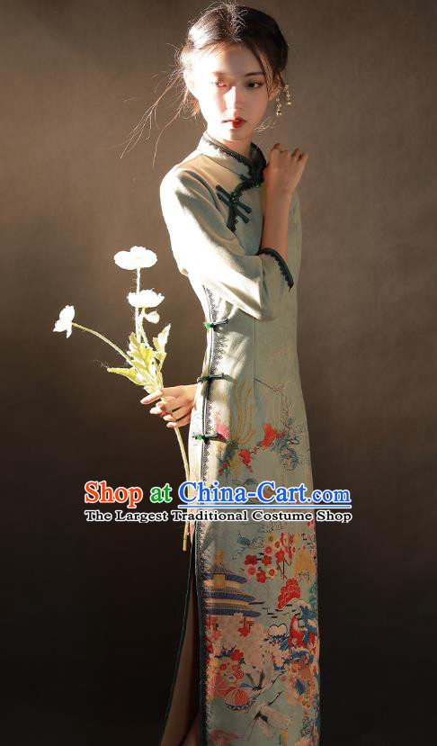 China Traditional Printing Light Green Suede Fabric Qipao Dress National Young Woman Cheongsam