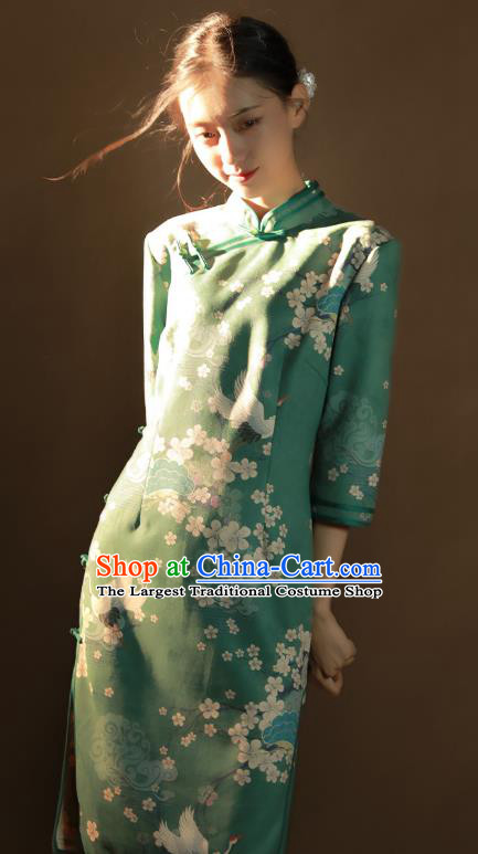China Traditional Printing Plum Blossom Qipao Dress National Young Woman Green Suede Fabric Cheongsam
