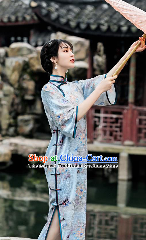 Republic of China Traditional Wide Sleeve Qipao Dress National Young Woman Printing Light Blue Cheongsam