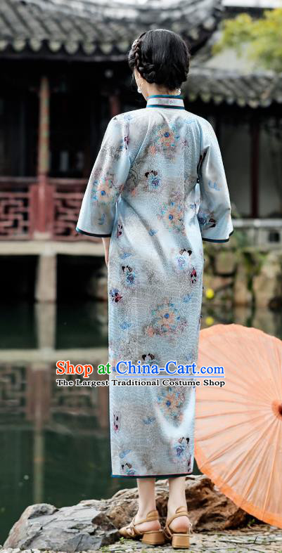 Republic of China Traditional Wide Sleeve Qipao Dress National Young Woman Printing Light Blue Cheongsam