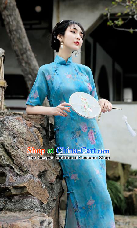 Republic of China National Young Woman Cheongsam Traditional Printing Peony Blue Flax Qipao Dress