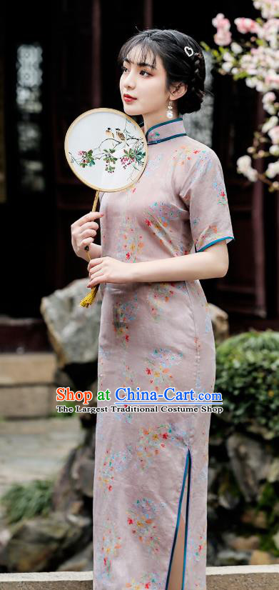 Republic of China Young Lady Cheongsam Traditional Printing Flowers Grey Flax Qipao Dress