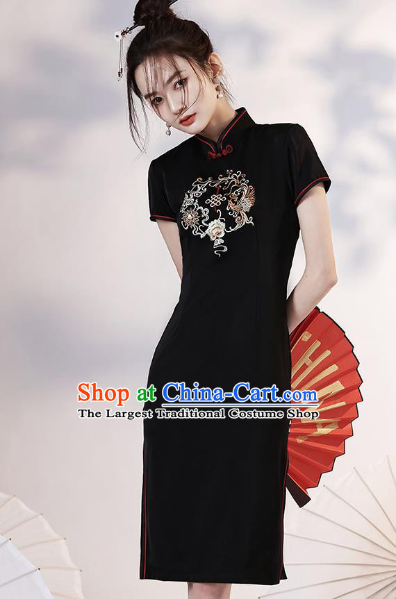 Chinese Young Lady Embroidered Phoenix Peony Cheongsam Clothing Modern Dance Black Short Qipao Dress